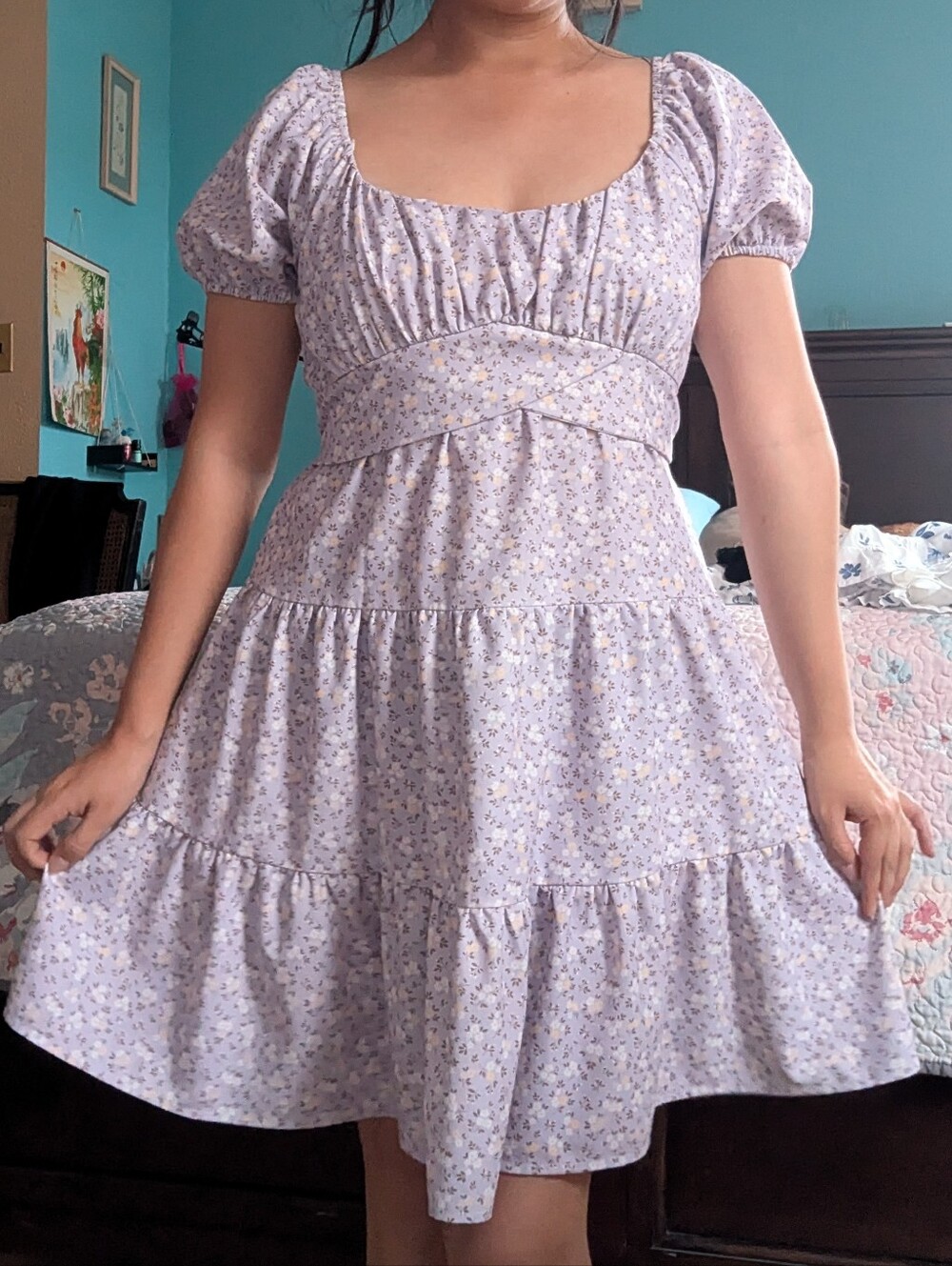 Lilac Floral Puff-Sleeve Tiered Mini Dress